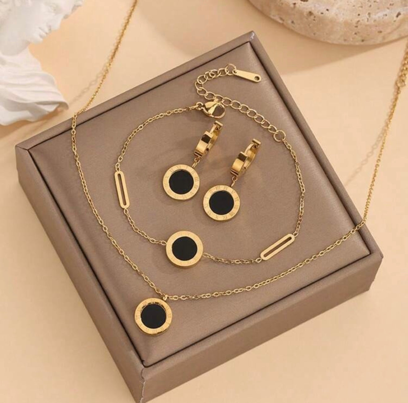 18K Gold-Plated Bvlgari Inspired Roman Numeral Necklace, Bracelet & Earrings Set – Tarnish-Resistant