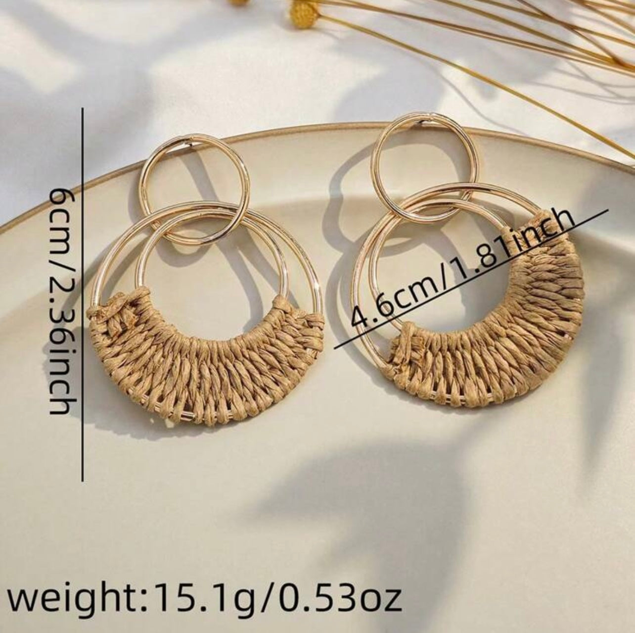 Gold & Coffee Raffia Hoop Dangle Earrings – Boho Elegance with a Fresh Twist