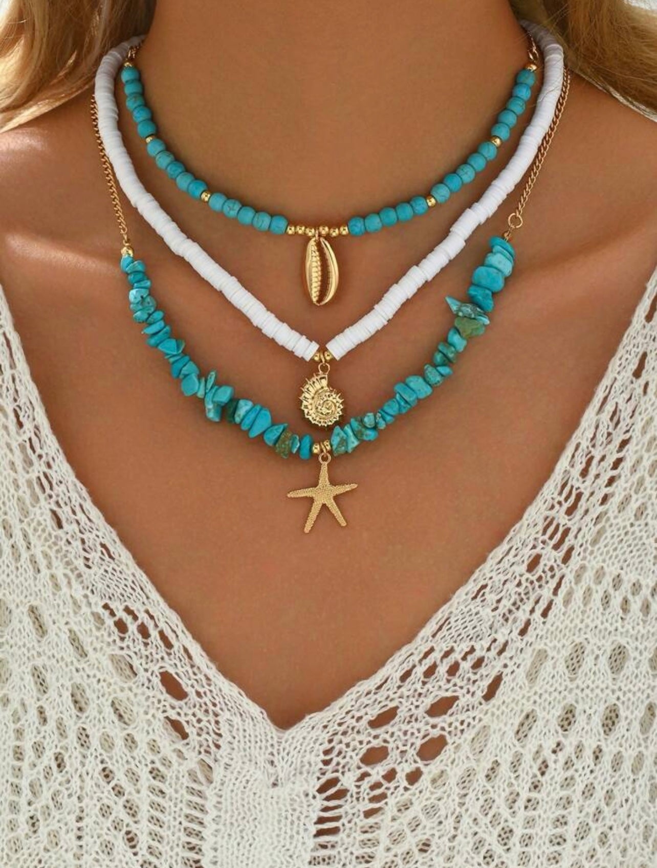 3pc Turquoise Ocean Necklace Set – Ceramic Beads with Metallic Shell, Conch & Starfish Pendants