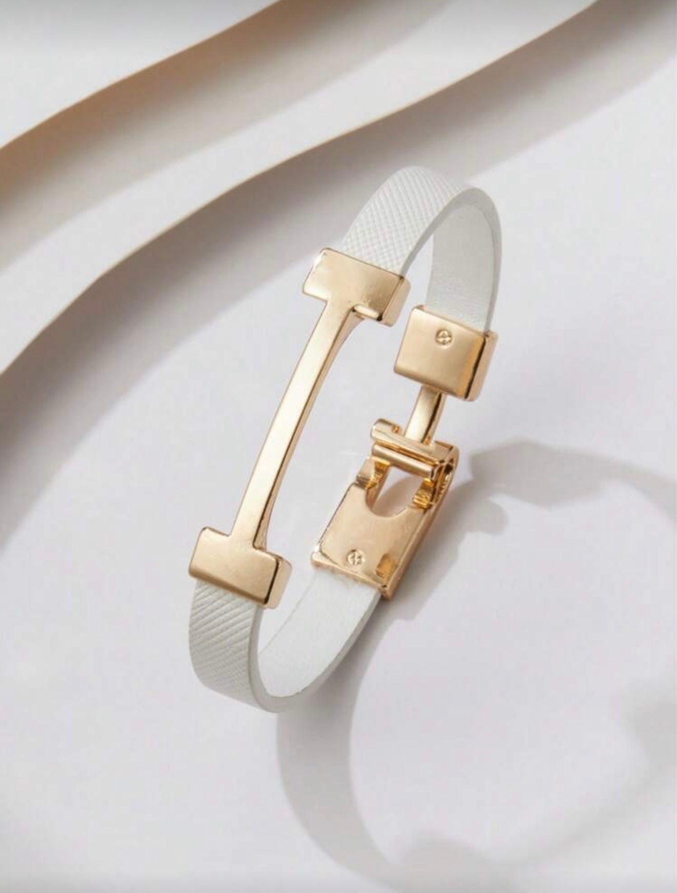 White & Gold Hermès-Inspired Faux Leather Bracelet – Elegant Fashion Wristband Gift for Her