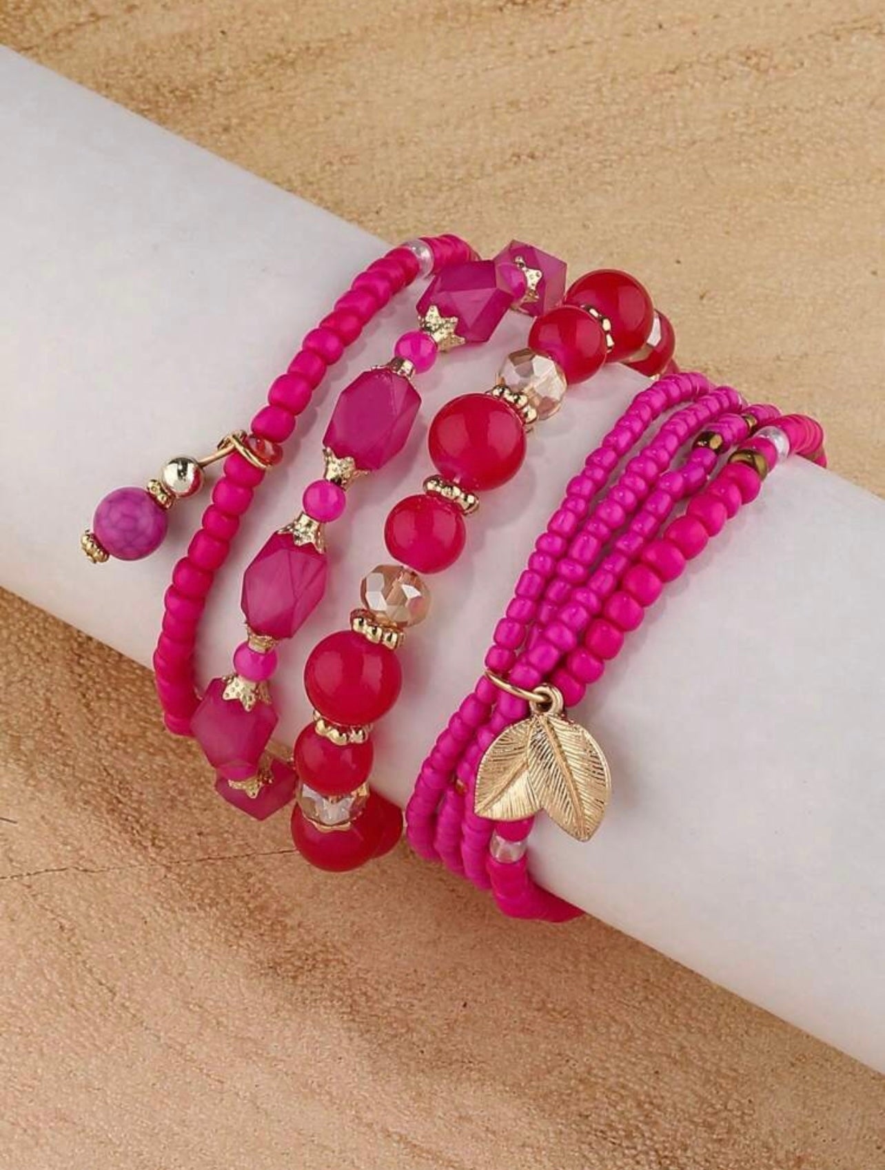 4pc Handmade Pink Seed & Glass Beaded Bracelet Stack – Vibrant Jewellery Set for Women