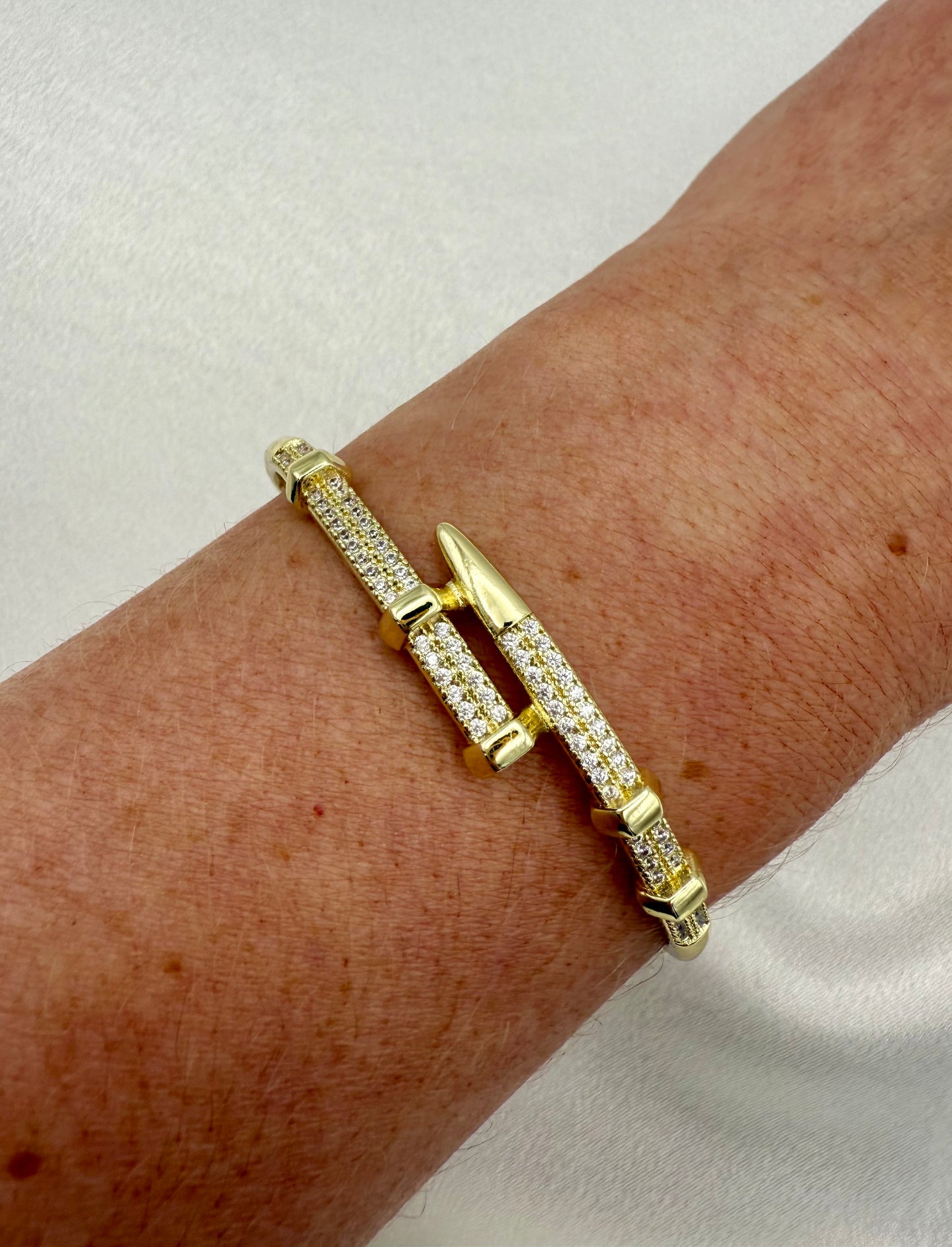 18K Gold Plated Cubic Zirconia Nail Bracelet & Ring Set – Cartier Style Elegance with Modern Edge