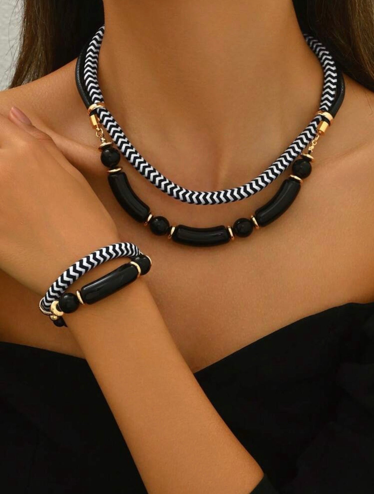 2pc Nautical Black Cord Necklace & Bracelet Set – Exaggerated Choker Style with Gold Accents