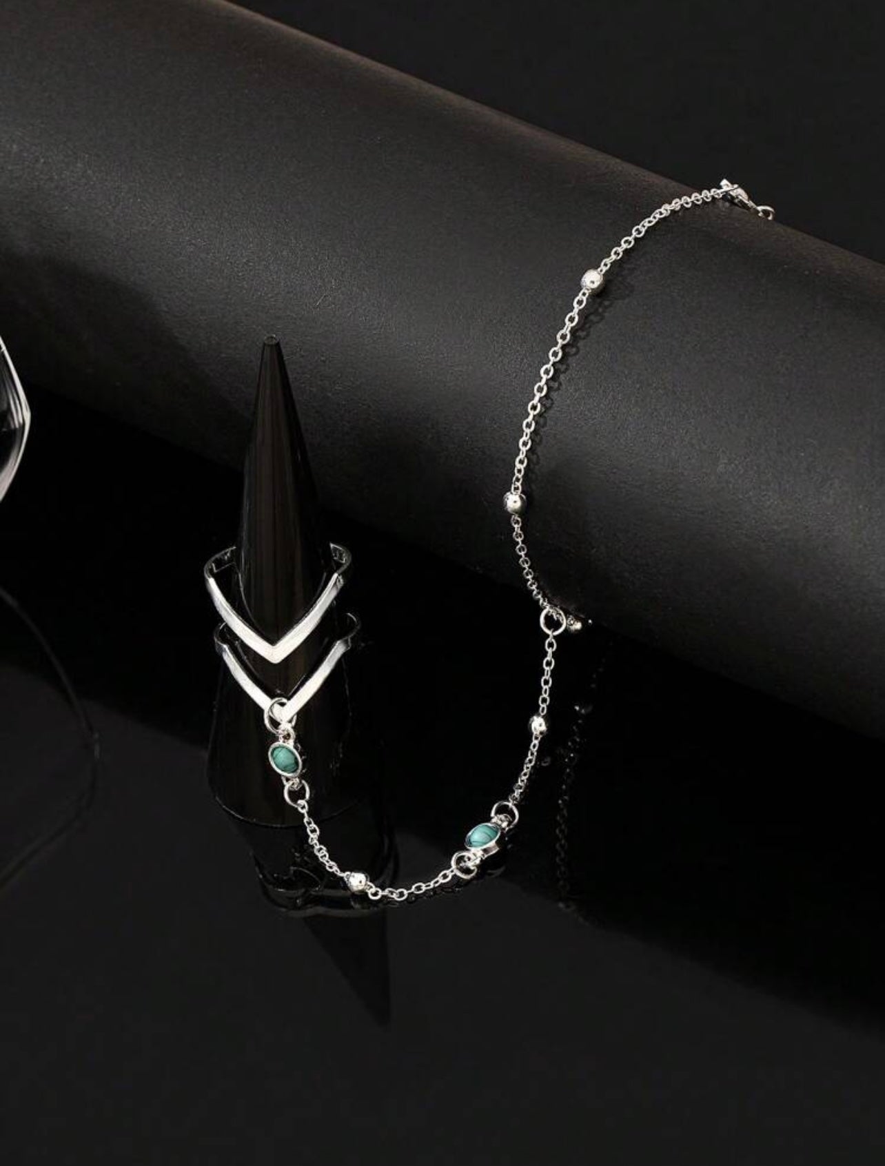 Silver Bean Hand Chain with Turquoise  Style Beads – Adjustable Minimalist Jewellery