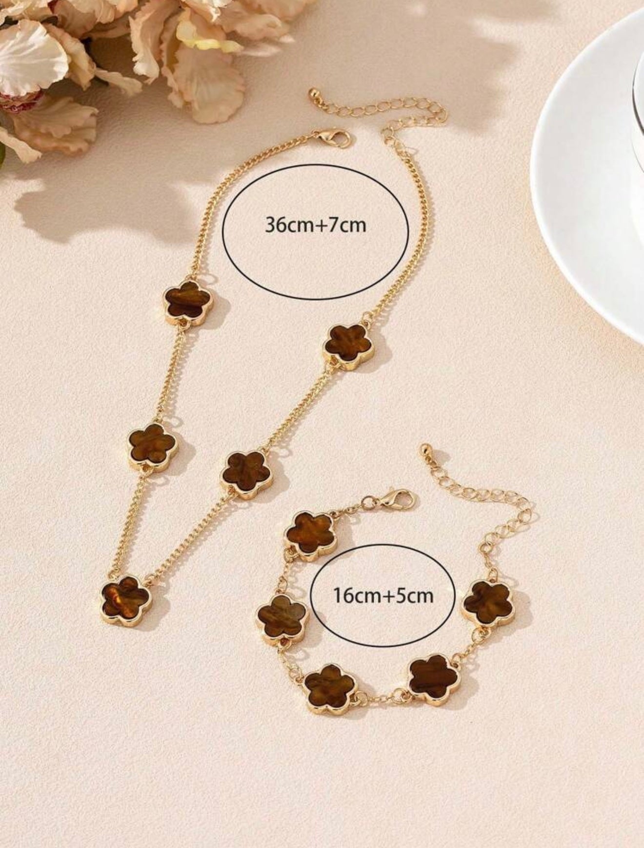 Van Cleef-Inspired Clover Bracelet & Necklace Set – Tarnish-Resistant with Faux Tiger’s Eye Inlay – Fashionable Jewellery