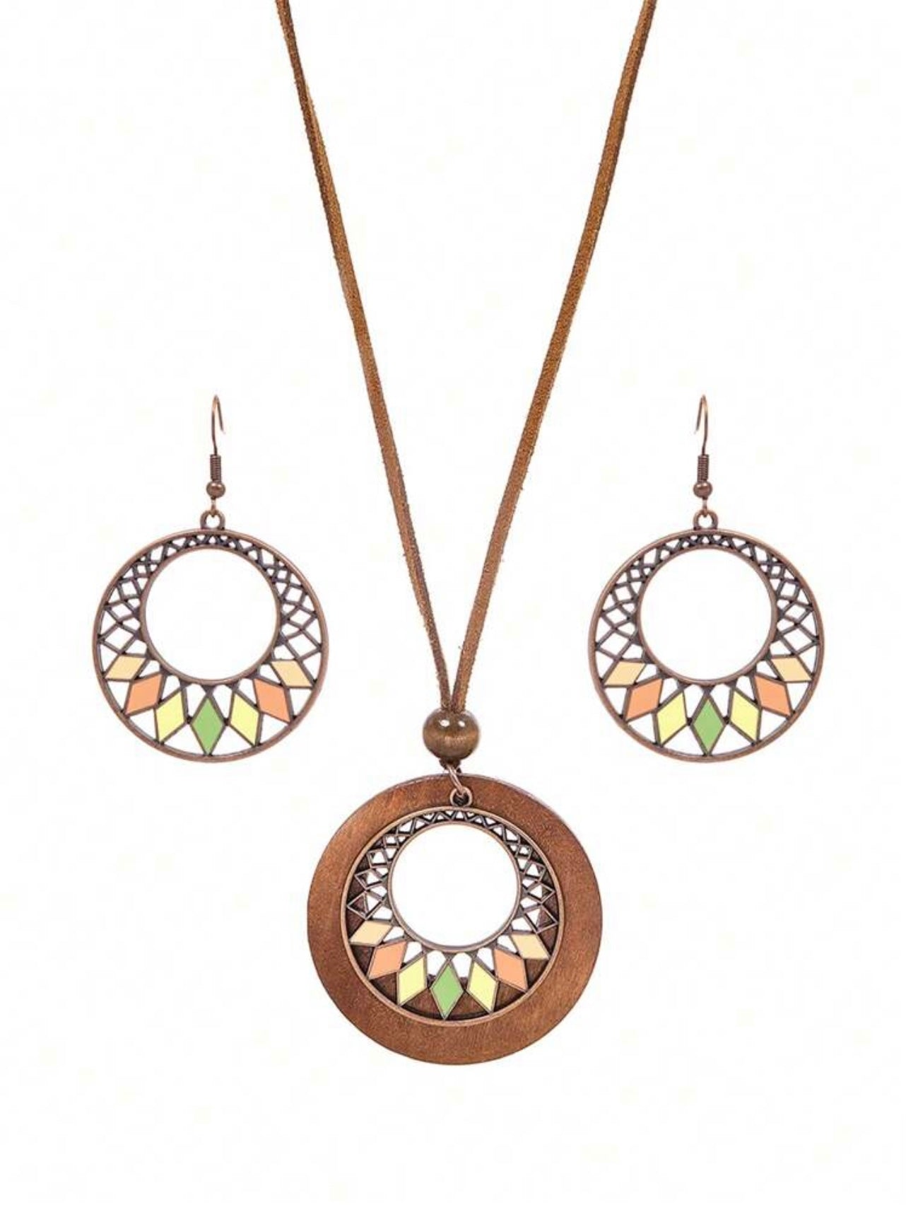 3pc Antique Copper Boho Necklace & Earrings Set – Wooden Rhombus Pendant Jewellery for Daily Wear & Events
