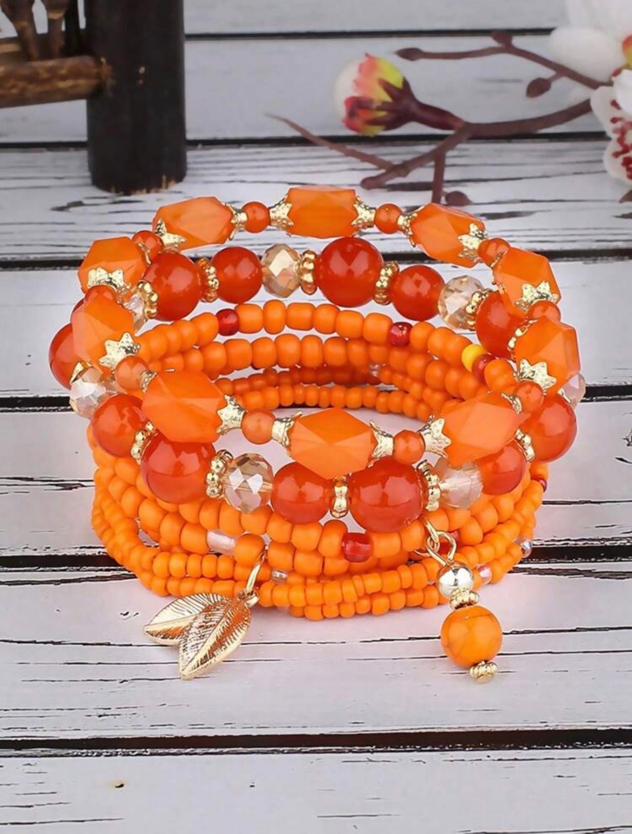 4pc Handmade Orange Seed & Glass Beaded Bracelet Stack – Vibrant Jewellery Set for Women