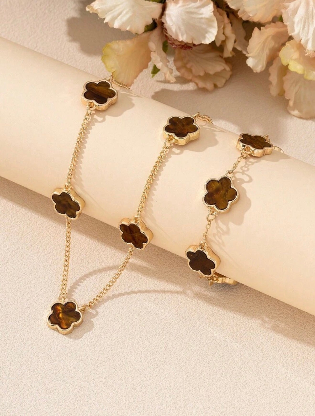 Van Cleef-Inspired Clover Bracelet & Necklace Set – Tarnish-Resistant with Faux Tiger’s Eye Inlay – Fashionable Jewellery