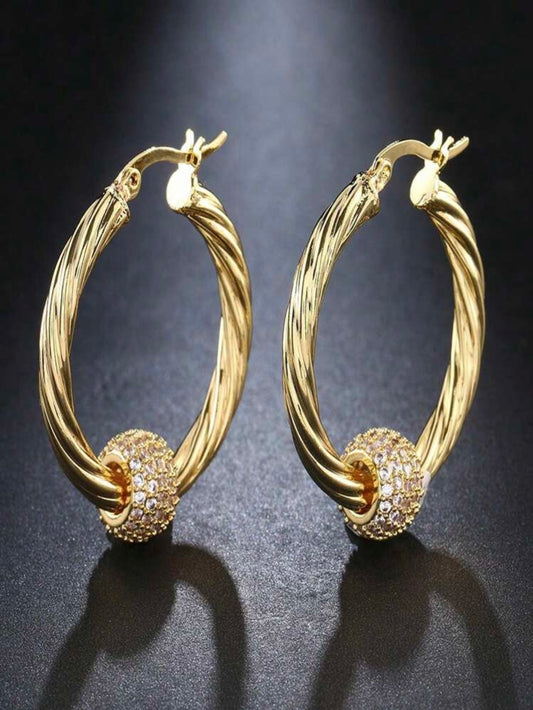 Gold plated Cubic Zirconia Twisted Diamond Ball Hoop Earrings – Light Luxury with a Modern Edge
