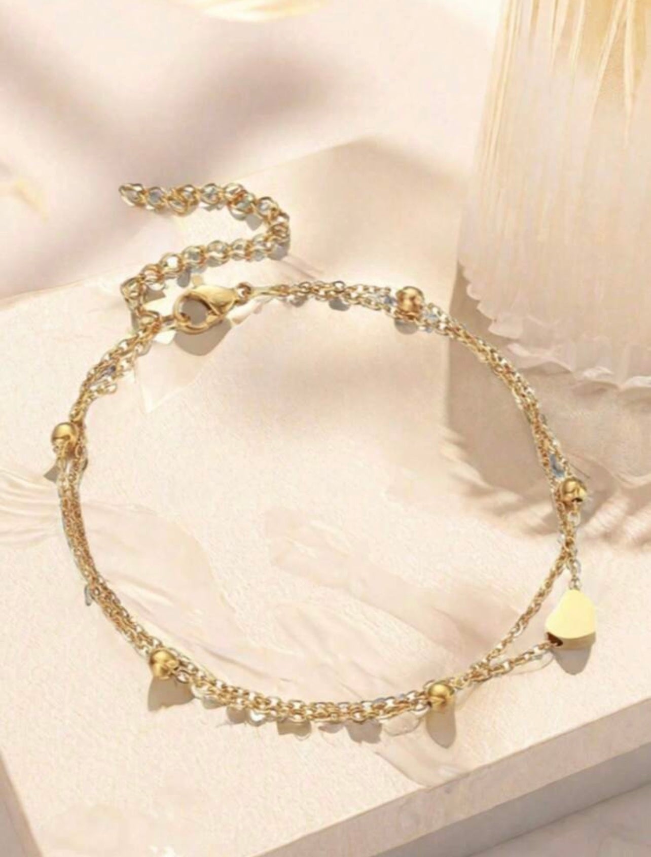 Gold Double-Layer Heart Anklet – Adjustable Love Foot Chain for Summer & Beach