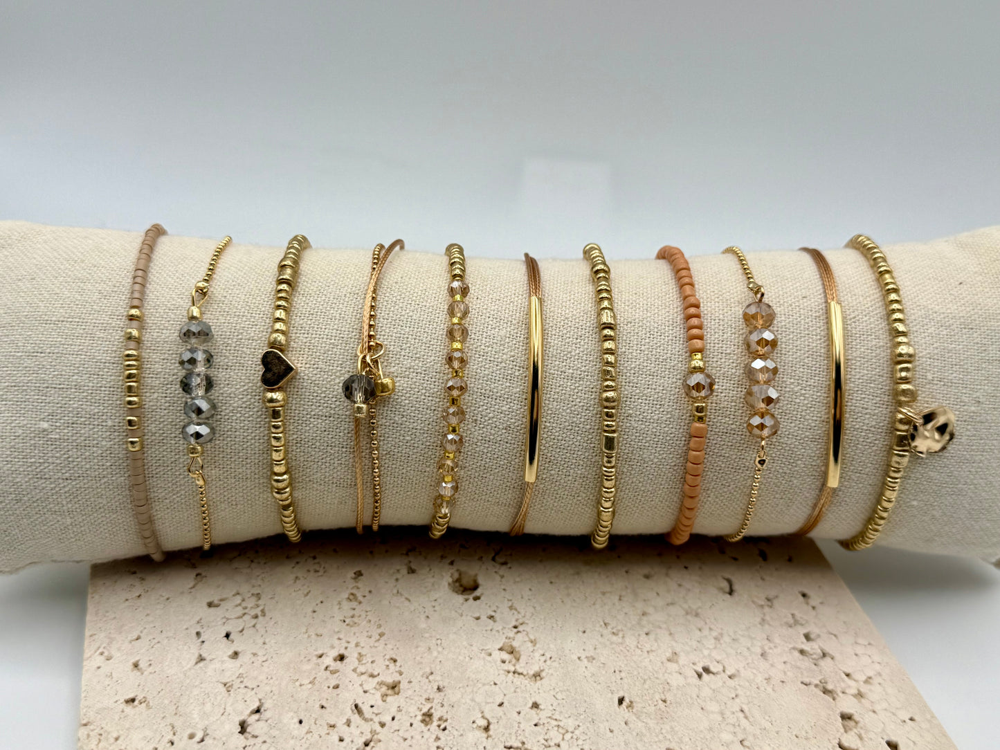 11pc Gold & Khaki Bohemian Heart Woven Beaded Bracelet Set – Adjustable Elastic Stack