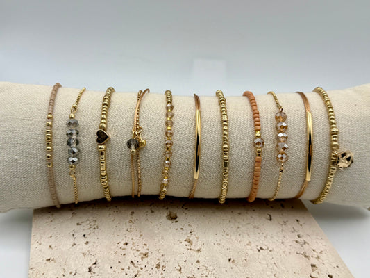 11pc Gold & Khaki Bohemian Heart Woven Beaded Bracelet Set – Adjustable Elastic Stack