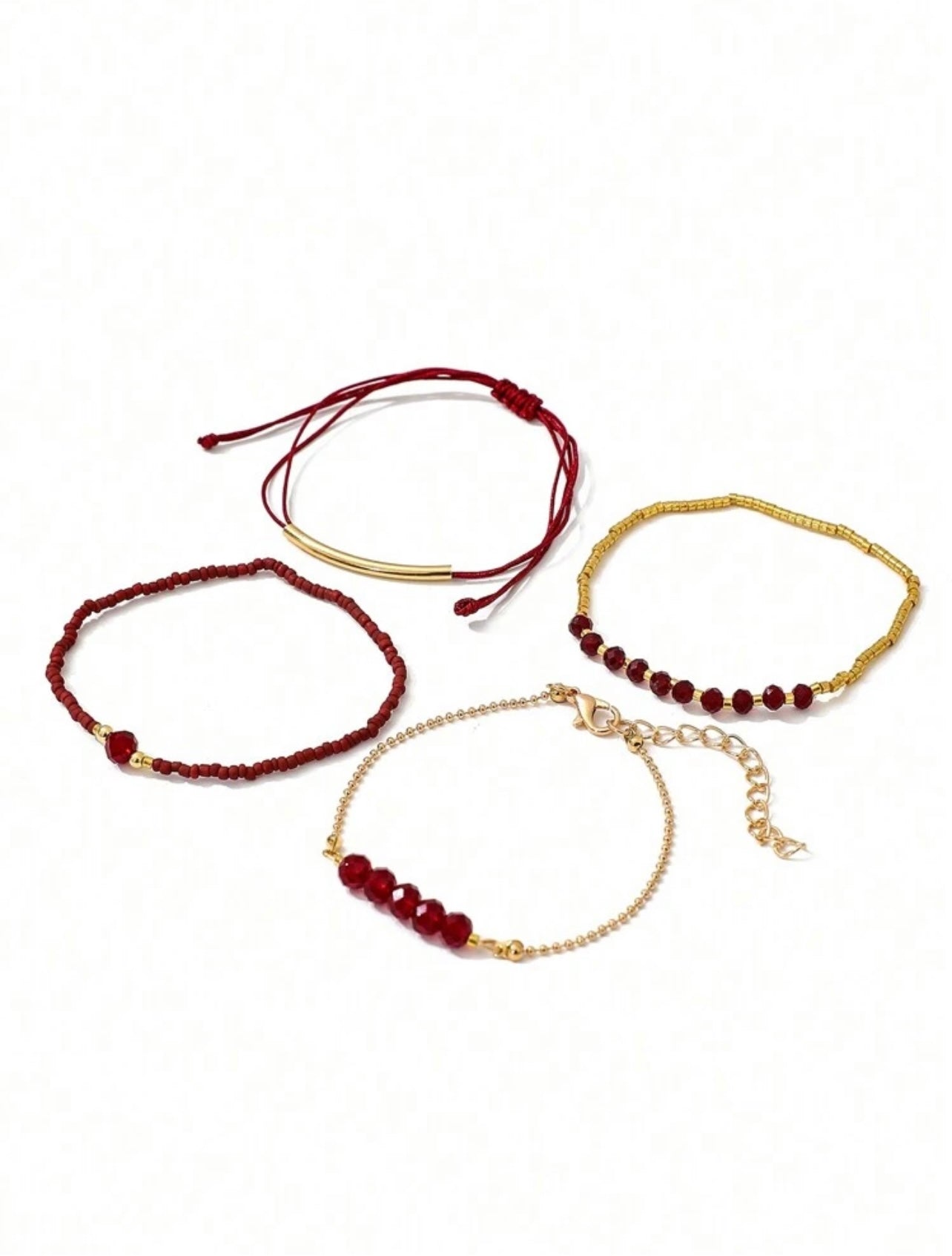 4pc Burgundy & Gold Faux Gemstone Bracelet Stack – Handmade Holiday & Party Jewellery