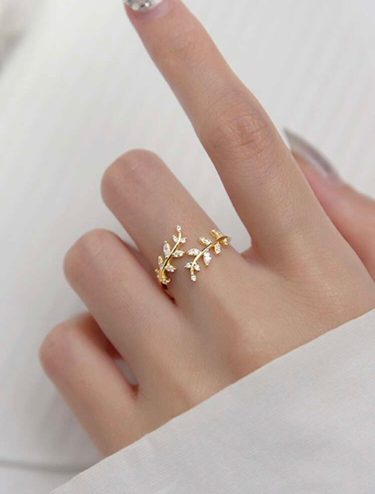 Gold-Tone Cubic Zirconia Leaf Cuff Ring – Elegant