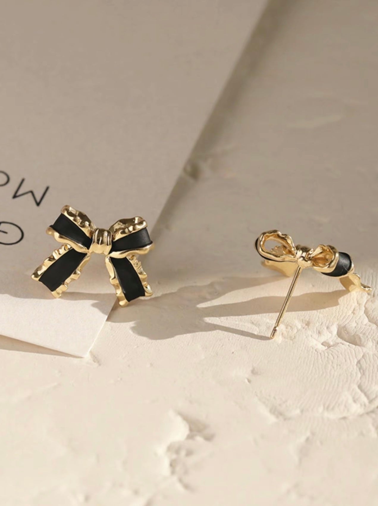 Stunning Gold & Black Enamel Bow Stud Earrings – Classic Elegance with a Bold Contrast
