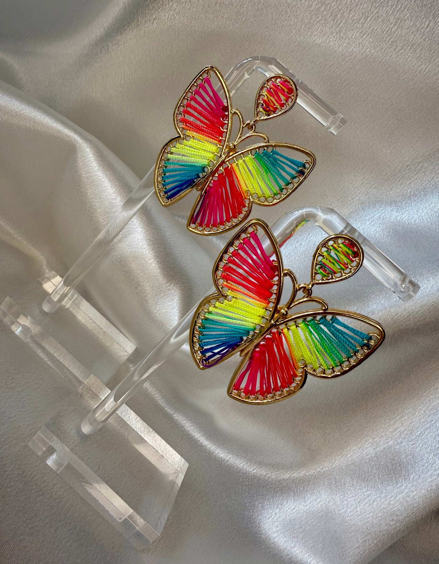 Gold & Rainbow Boho Braided Butterfly Earrings – Handmade Holiday & Festival Jewellery