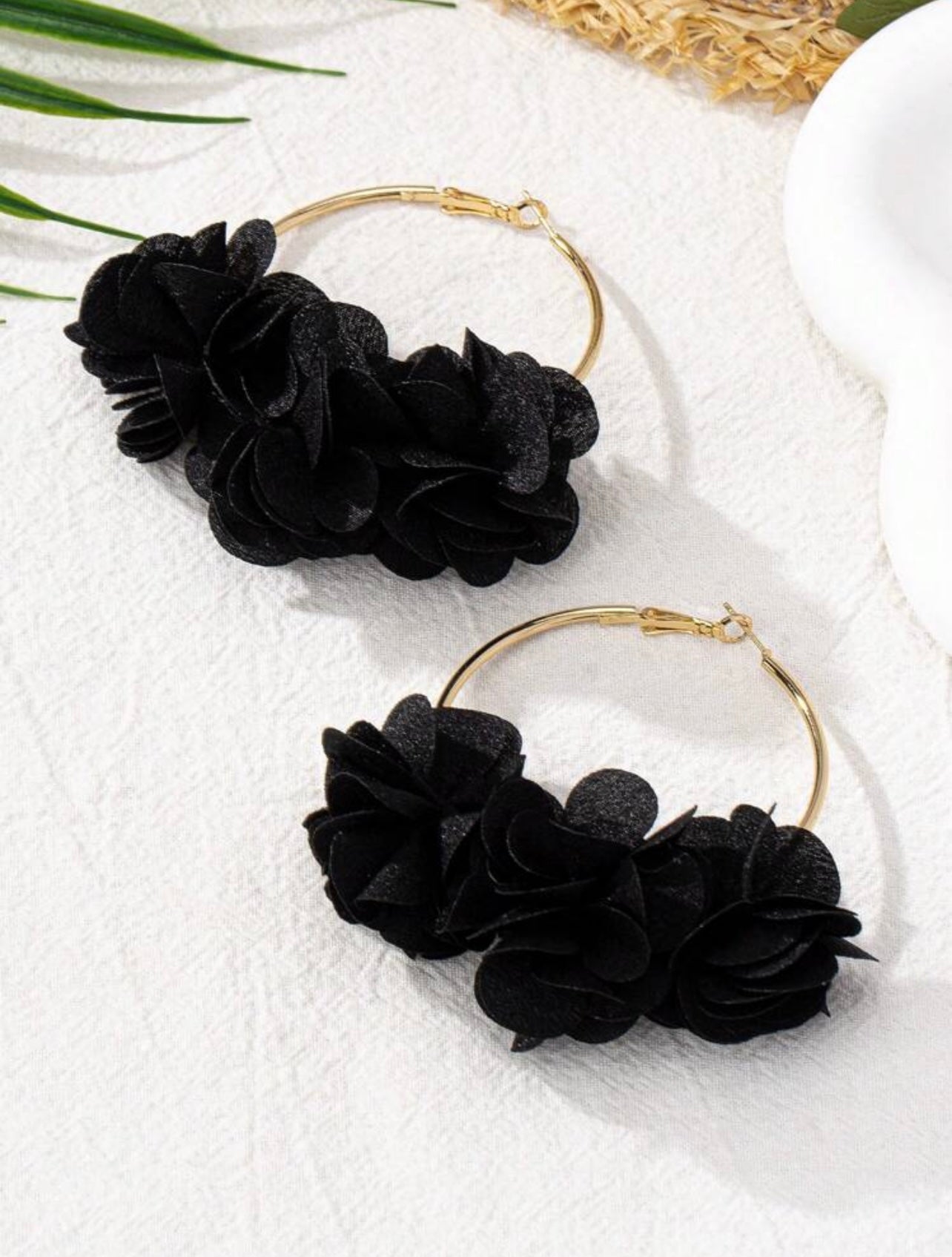 Gold & Black Flower Hoop Earrings – Bold Florals with Luxe Contrast
