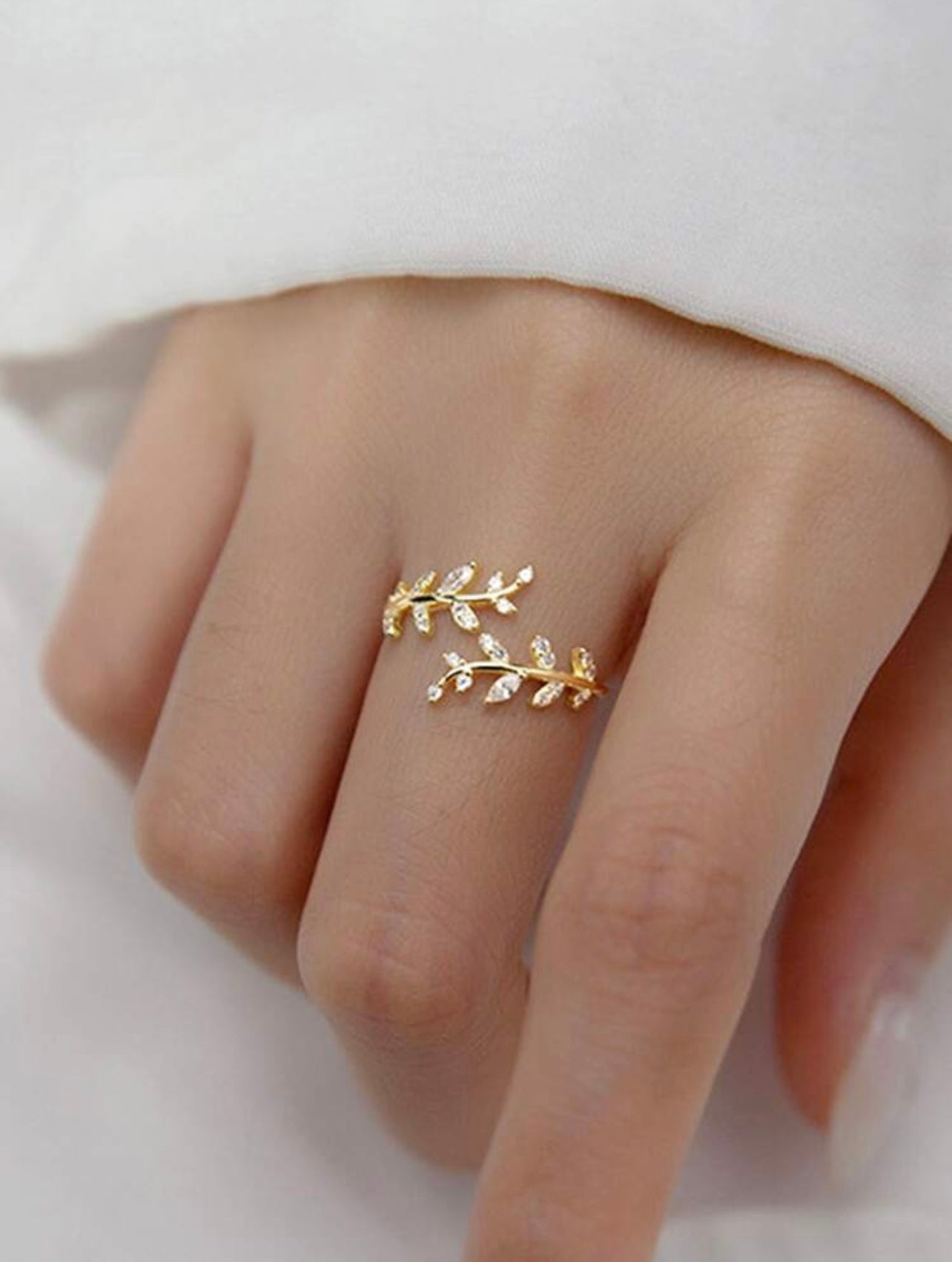 Gold-Tone Cubic Zirconia Leaf Cuff Ring – Elegant