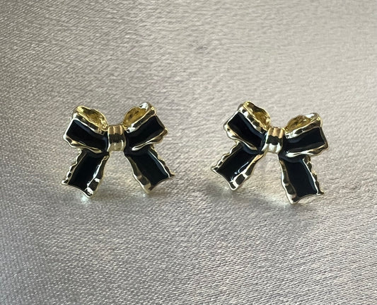 Stunning Gold & Black Enamel Bow Stud Earrings – Classic Elegance with a Bold Contrast