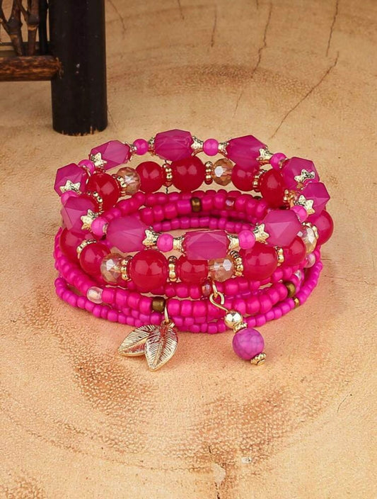 4pc Handmade Pink Seed & Glass Beaded Bracelet Stack – Vibrant Jewellery Set for Women