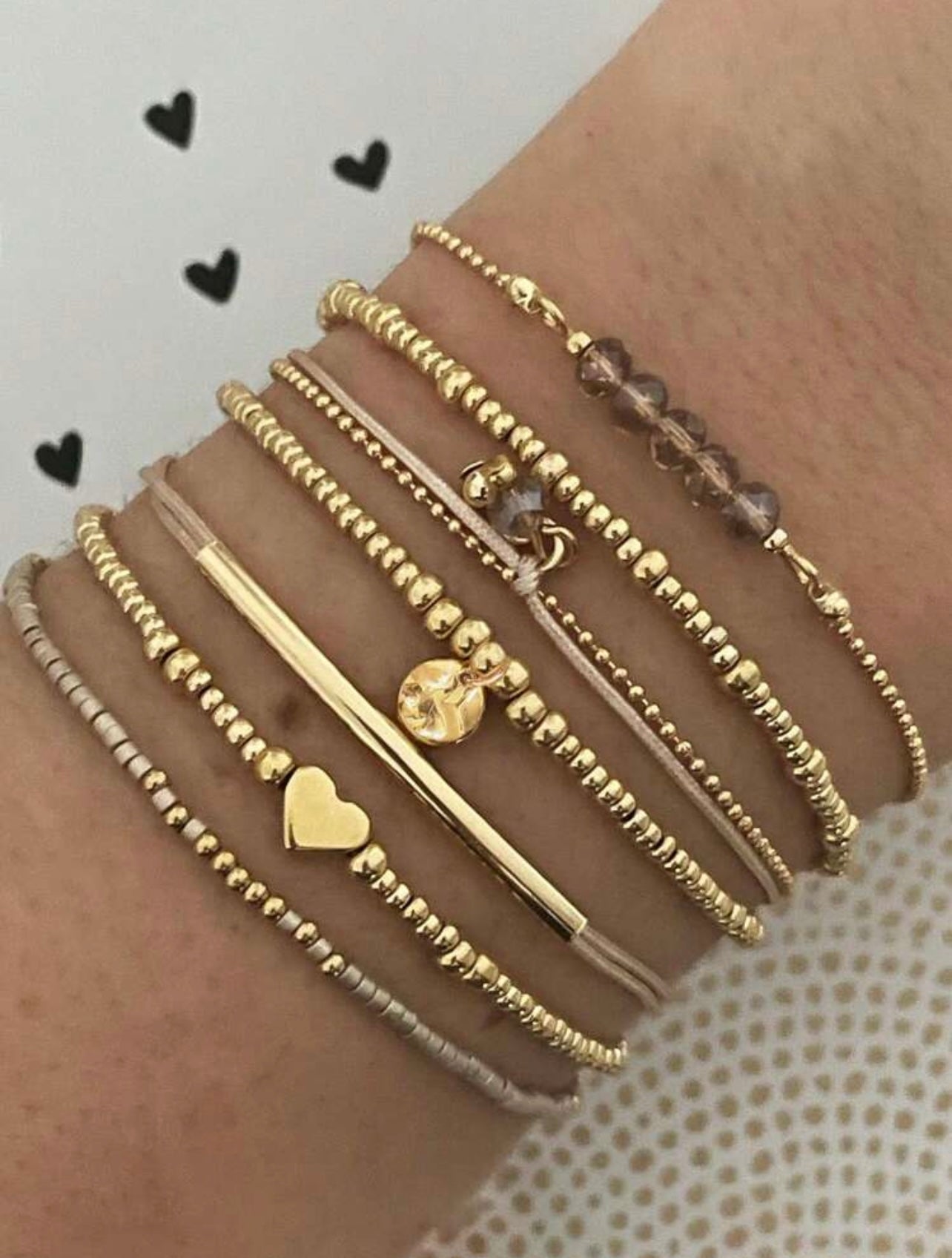 7pc Gold & Khaki Bohemian Heart Woven Beaded Bracelet Set – Adjustable Elastic Stack