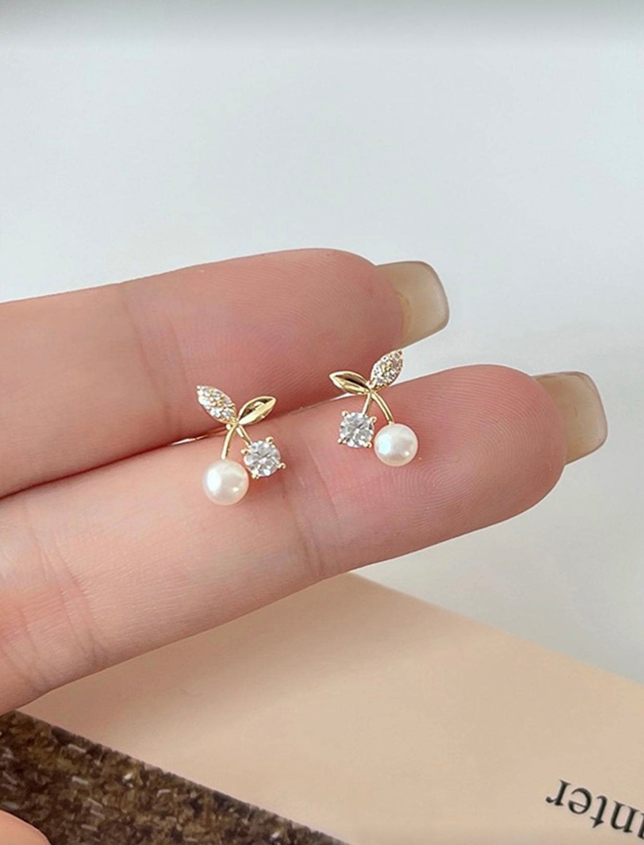 Rhinestone & Faux Pearl Cherry Design Stud Earrings – Elegant, Radiant & Timeless