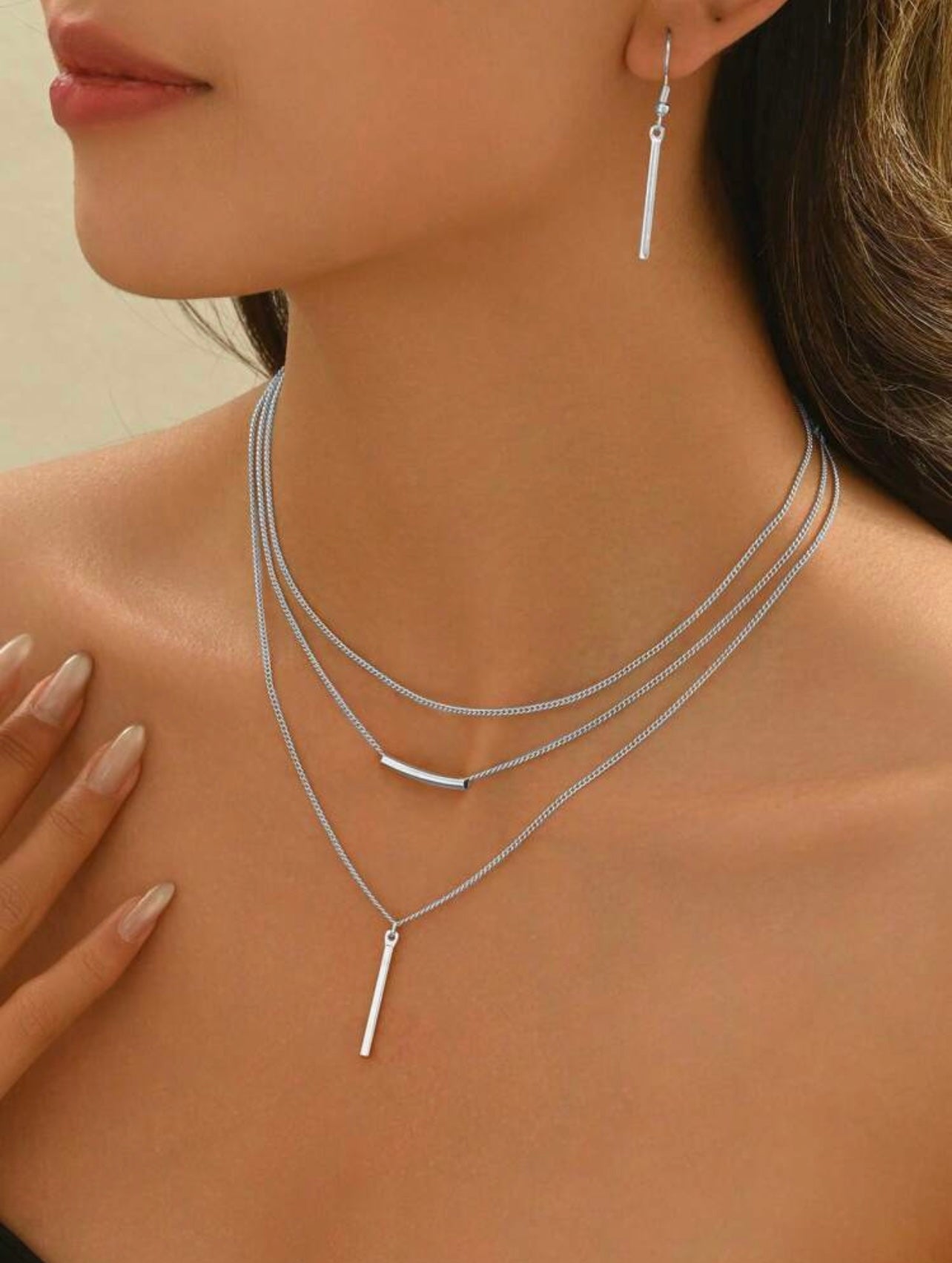 Silver Bohemian Minimalist Jewellery Set – Geometric Pendant Necklace & Earrings
