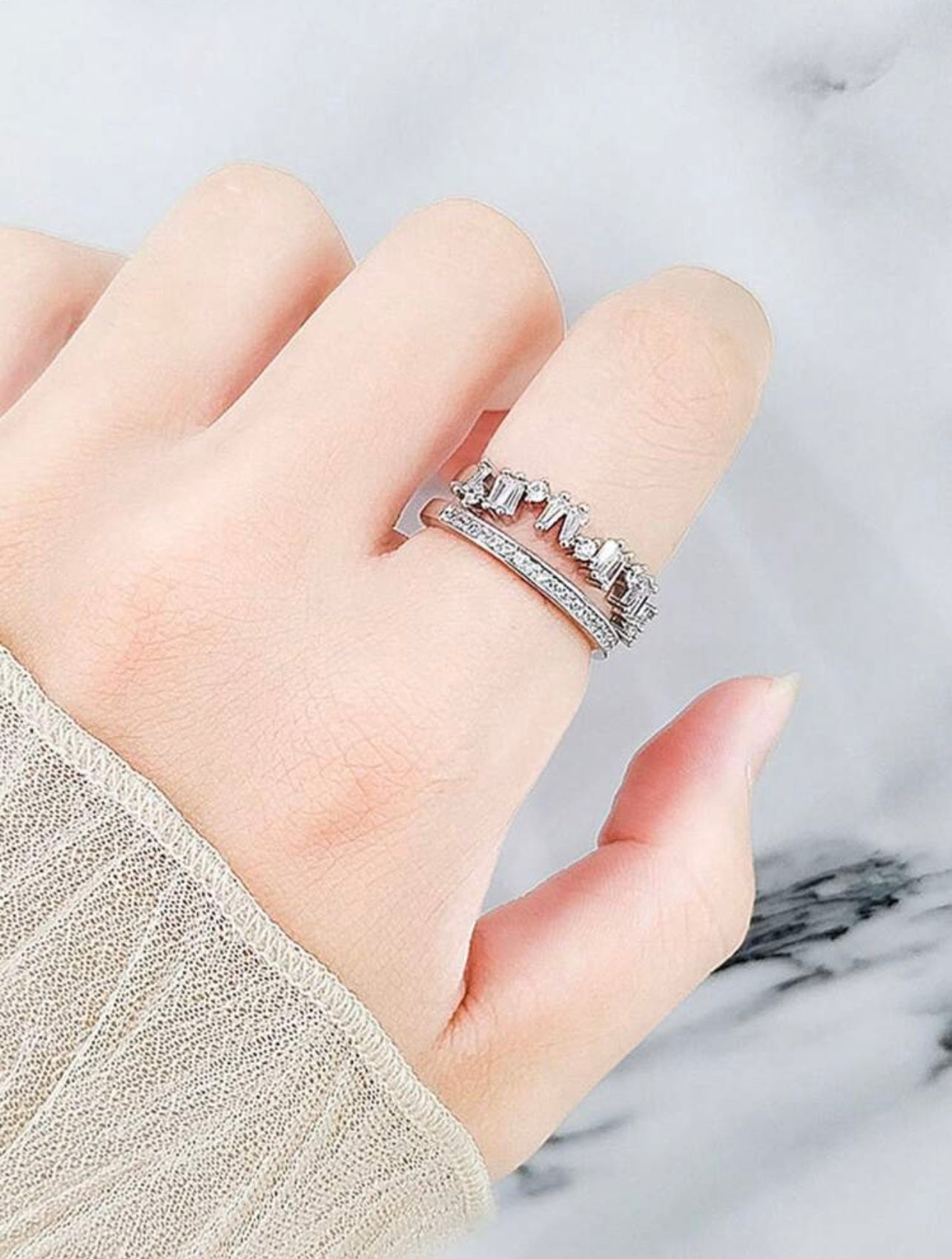 Silver-Tone Double-Layer Zirconia Open Ring – High-End Asymmetrical Sparkle