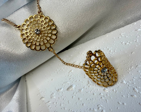 Gold Boho Hollow Flower Hand Chain – Rhinestone Ring-to-Bracelet Jewellery for Daily Wear