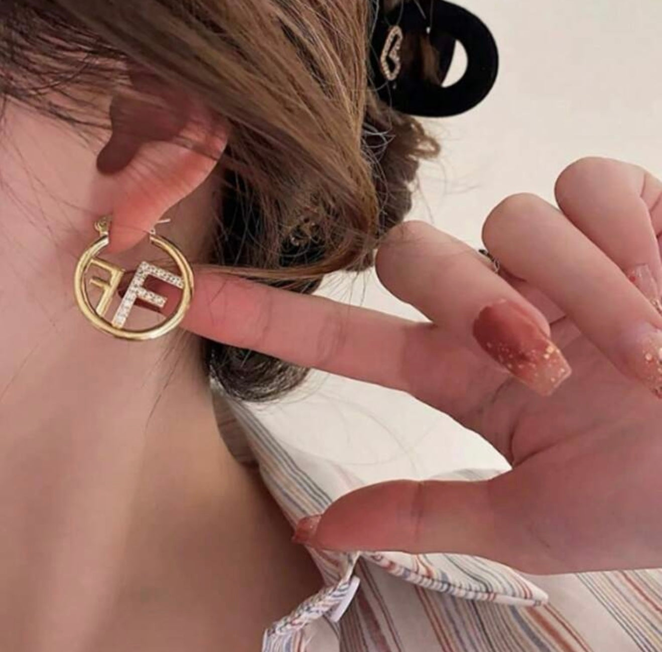 Premium Letter "F" Rhinestone Hoop Earrings – Inspired by Fendi – Elegant Statement Jewelry