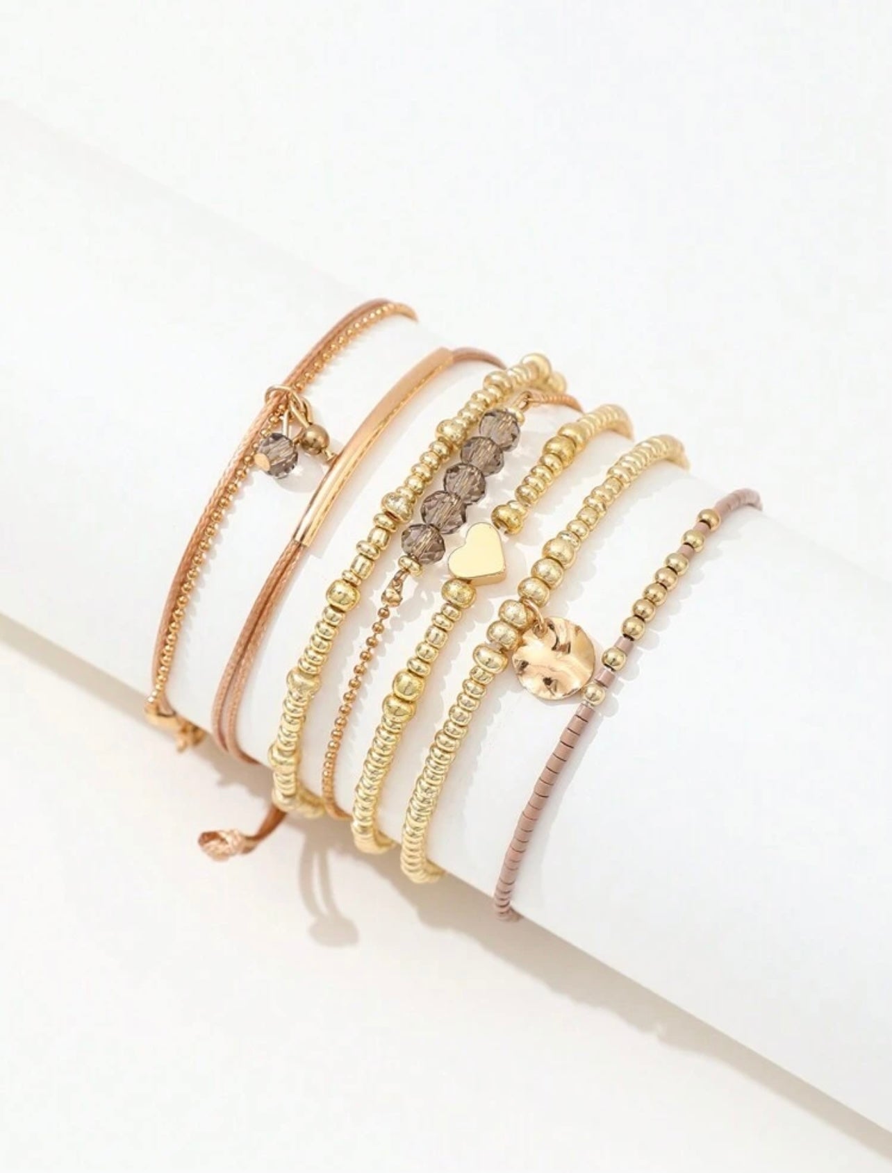 7pc Gold & Khaki Bohemian Heart Woven Beaded Bracelet Set – Adjustable Elastic Stack