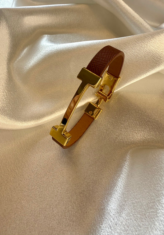 Tan & Gold Hermès-Inspired Faux Leather Bracelet – Elegant Fashion Wristband Gift for Her