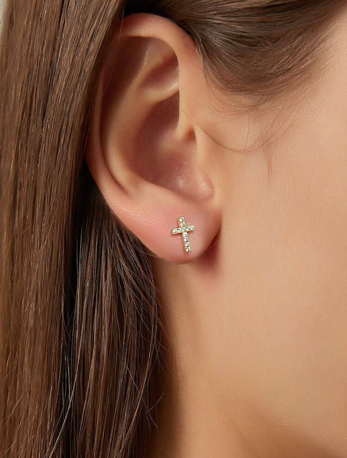 Hypoallergenic Tarnish Resistant Gold plated Silver Tone Cross Stud Earrings with CZ
