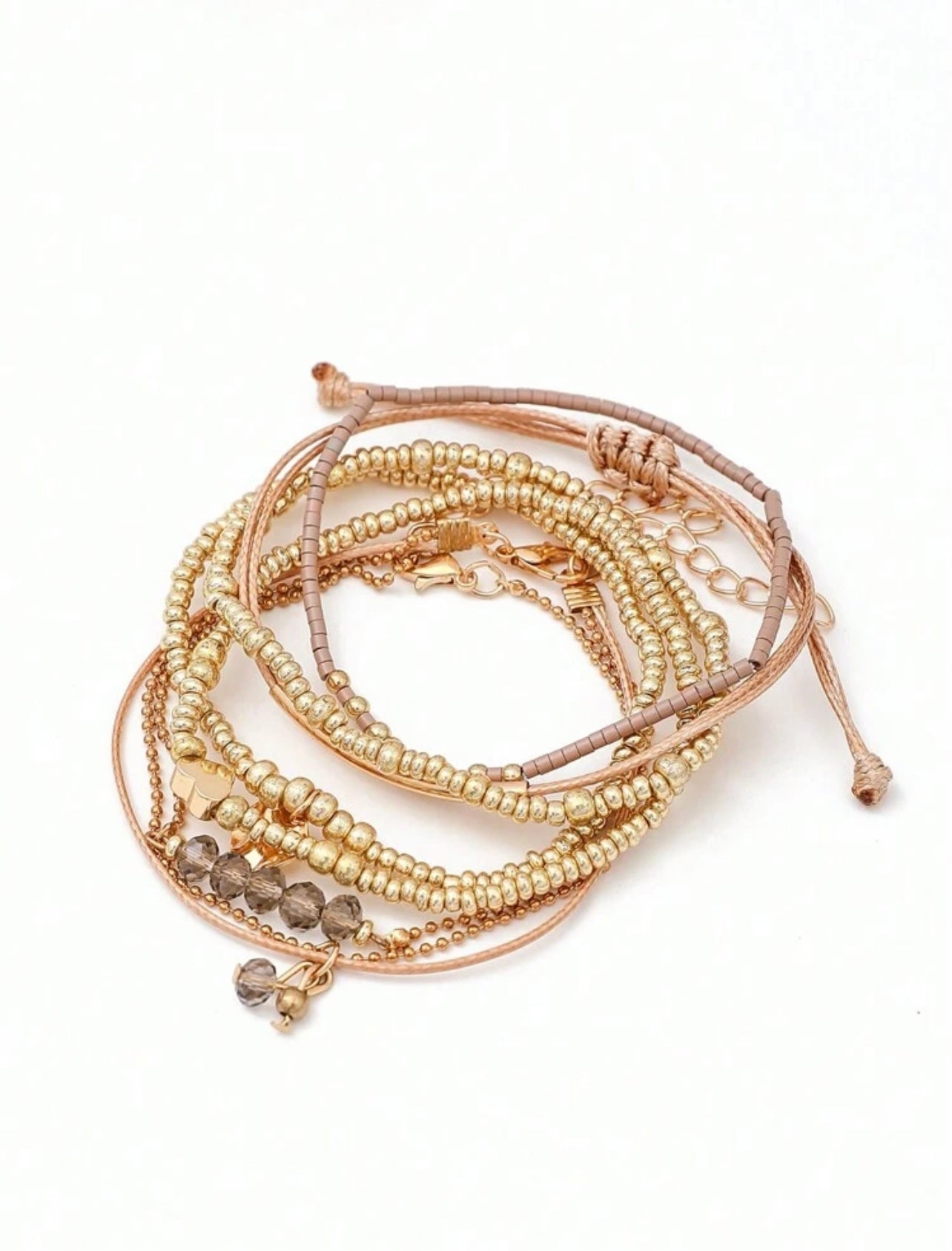 7pc Gold & Khaki Bohemian Heart Woven Beaded Bracelet Set – Adjustable Elastic Stack