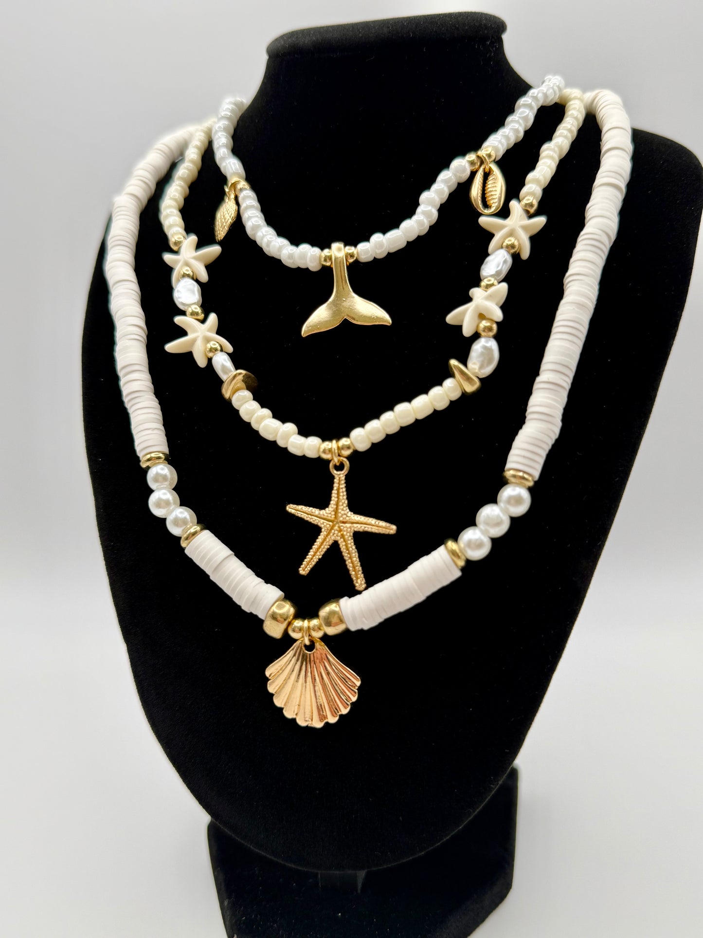 3pc Ocean Charm Necklace Set – White & Gold Ceramic Beads with Mermaid, Starfish & Shell Pendants