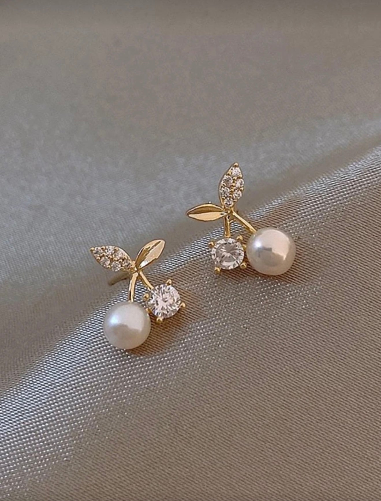 Rhinestone & Faux Pearl Cherry Design Stud Earrings – Elegant, Radiant & Timeless