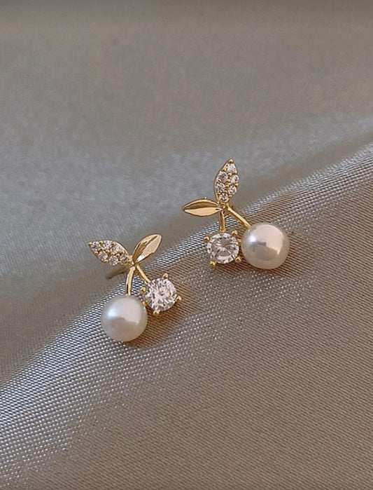 Rhinestone & Faux Pearl Cherry Design Stud Earrings – Elegant, Radiant & Timeless