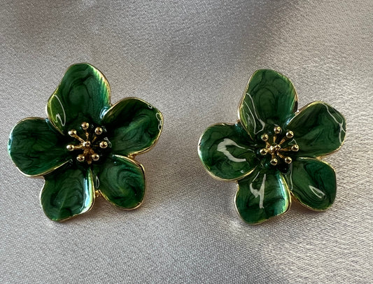 Sweet Gold and Green Enamel Flower Stud Earrings