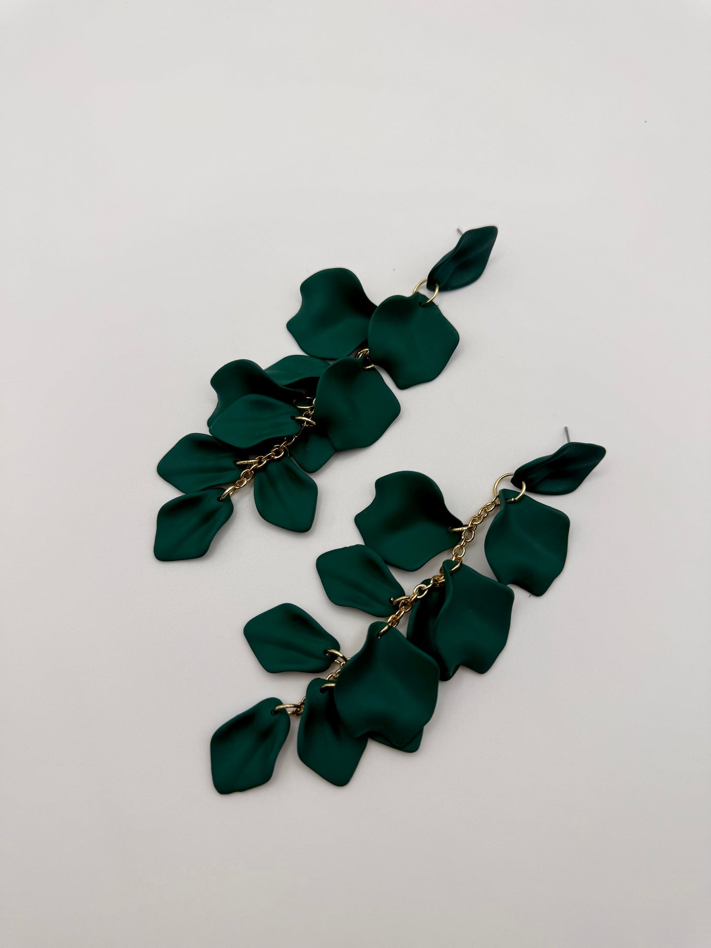 Gold & Dark Green Matte Petal Dangle Earrings – Nature-Inspired Elegance with a Modern Edge