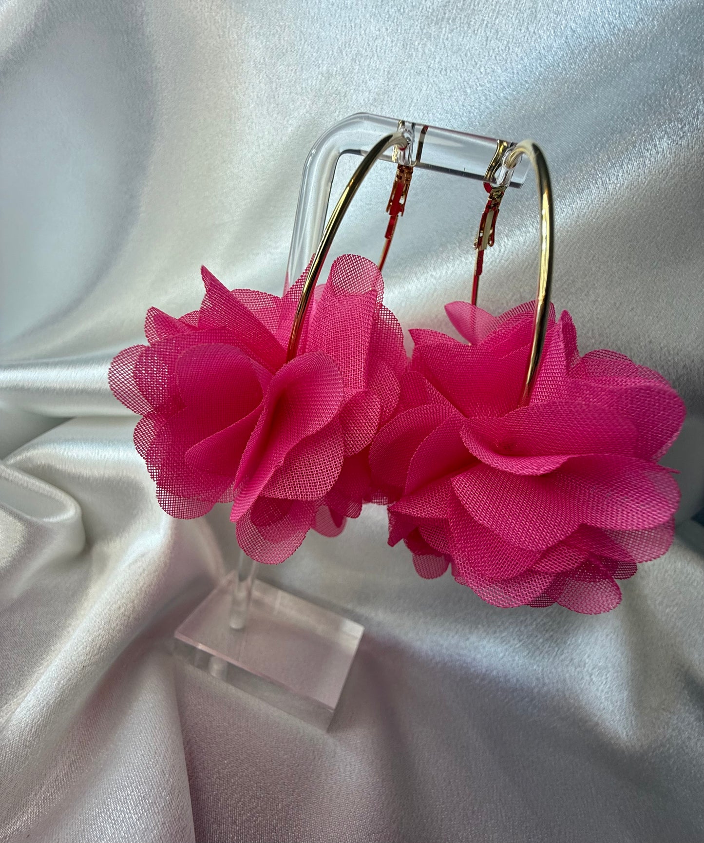 Gold Hoop Earrings with Neon Pink Floral Organza – Bold Statement Set (5 x 7 cm)