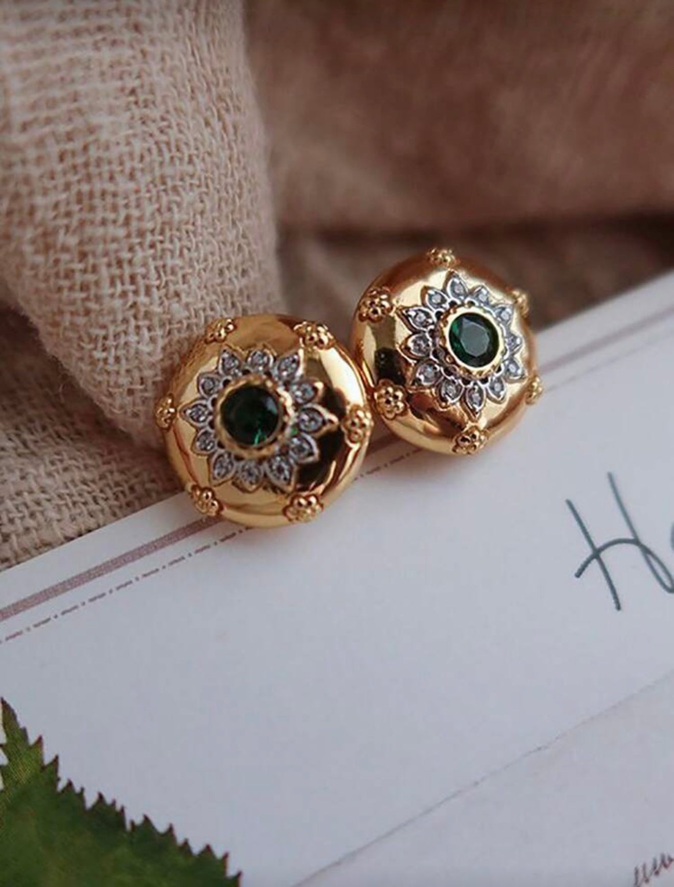 Delicate Carved Vintage Palace Style 18K Gold Plated Earrings with Green Zirconia Stone