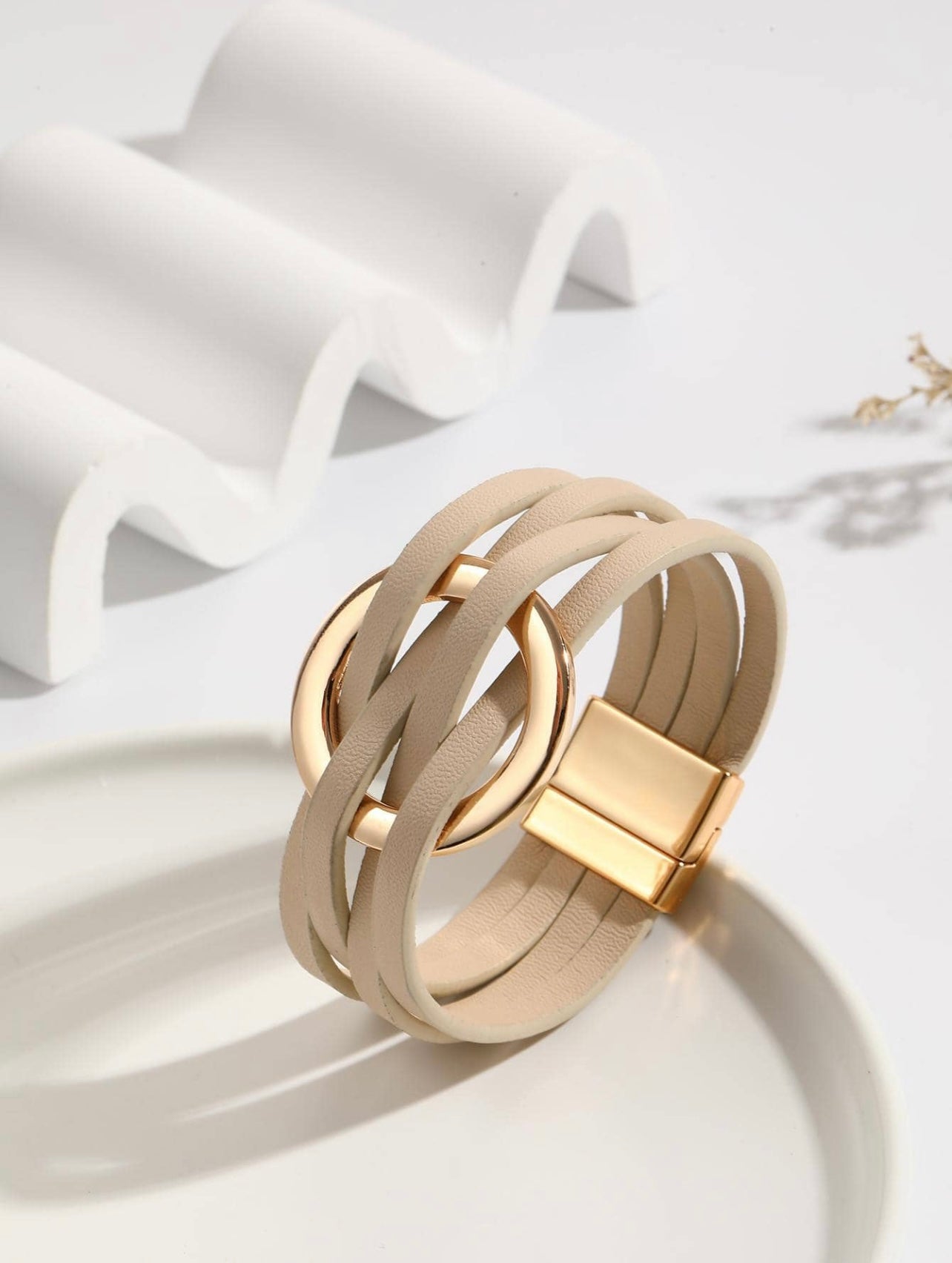 Leatherette Stone & Gold Cuff Bracelet – Modern Texture with Effortless Elegance