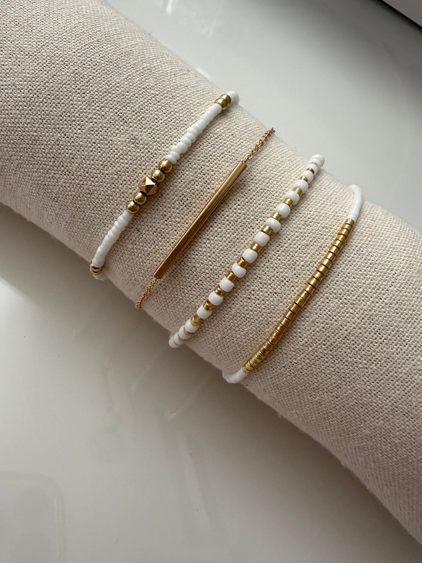 4pc White & Gold Gem Bracelet Stack – Handmade Holiday & Party Jewellery