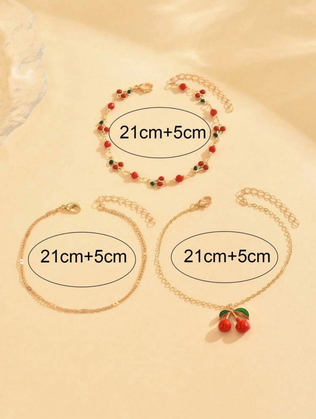3pc Cherry Pendant Anklet Set – Handcrafted Summer Foot Jewellery