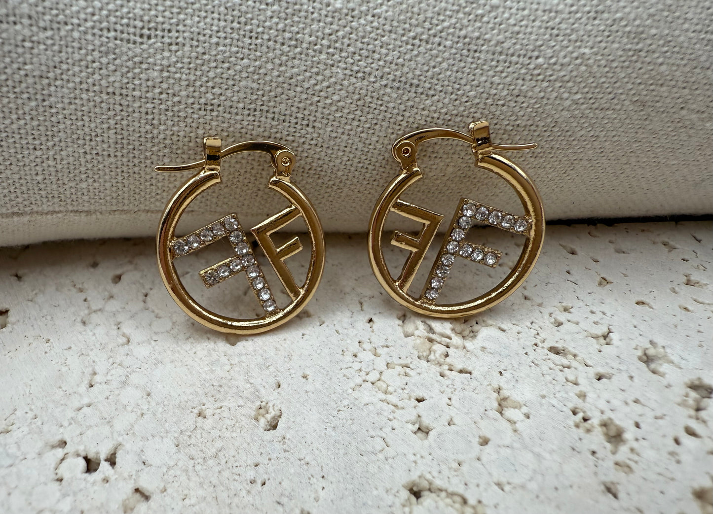Premium Letter "F" Rhinestone Hoop Earrings – Inspired by Fendi – Elegant Statement Jewelry