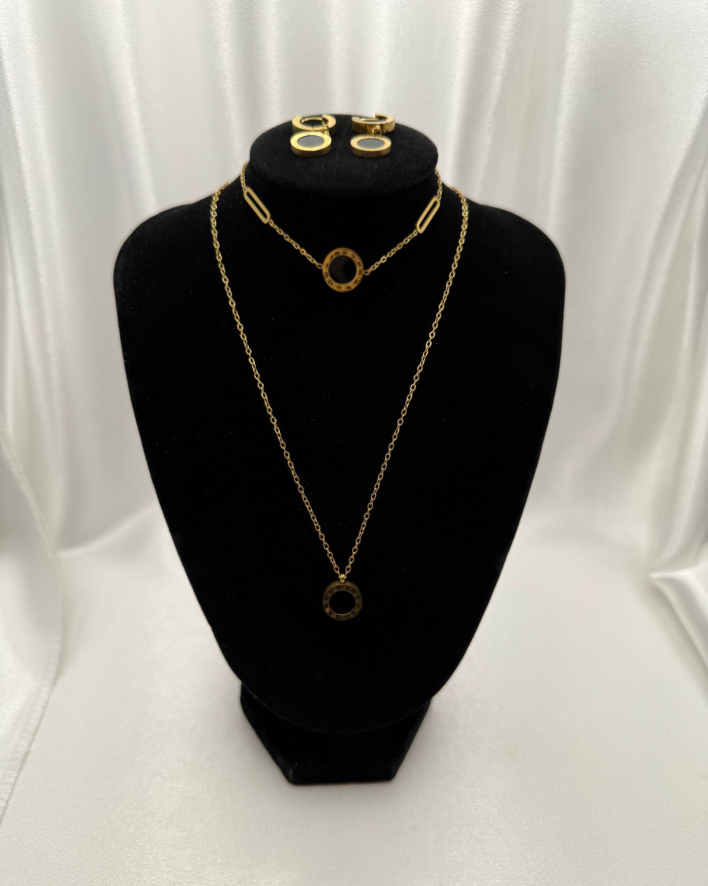 18K Gold-Plated Inspired Roman Numeral Necklace, Bracelet & Earrings Set – Tarnish-Resistant