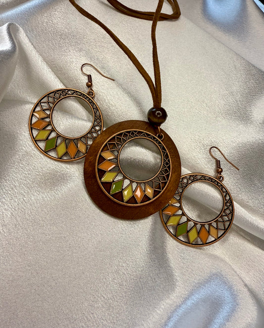 3pc Antique Copper Boho Necklace & Earrings Set – Wooden Rhombus Pendant Jewellery for Daily Wear & Events