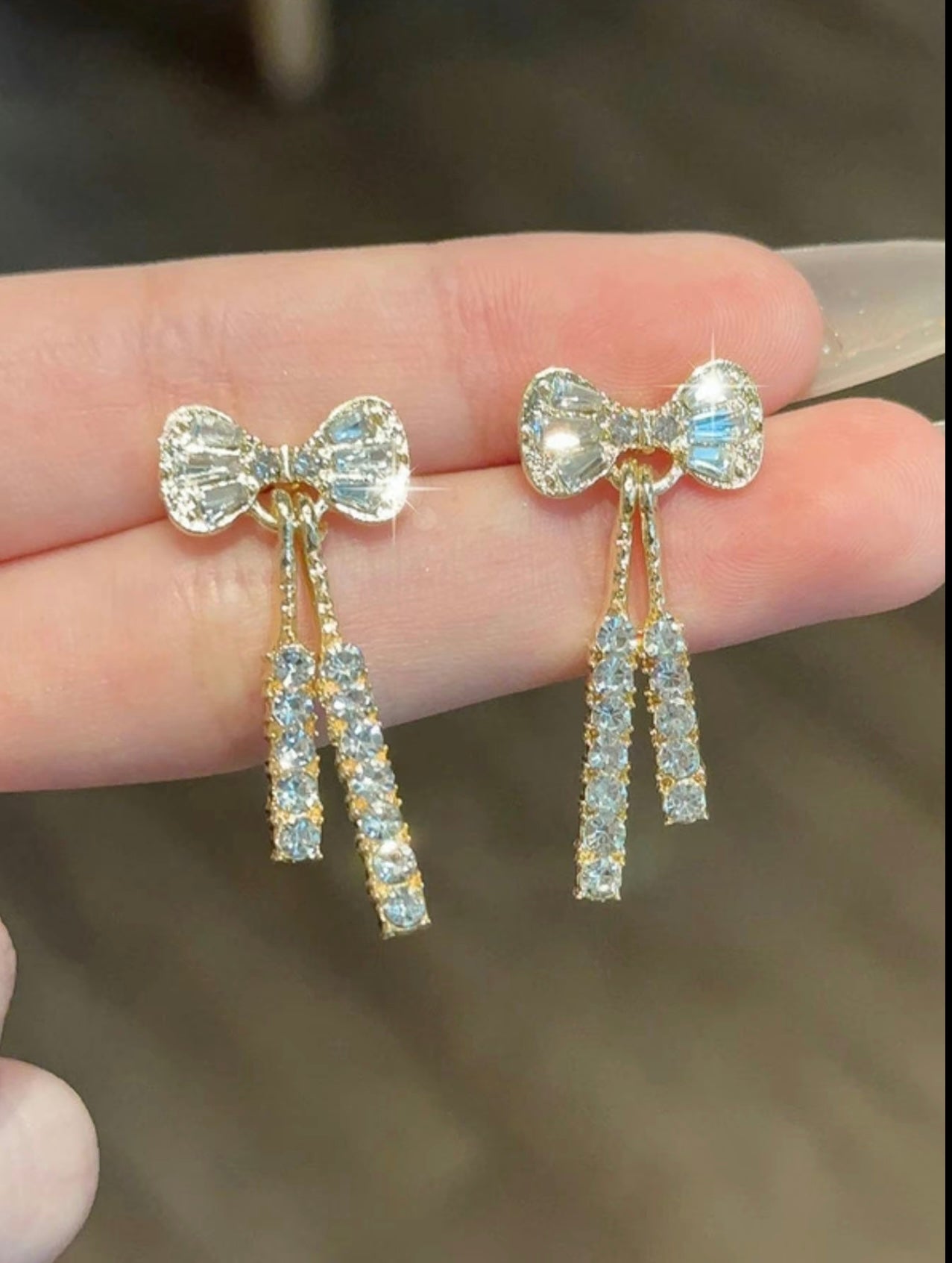Gold Bow Diamanté Drop Earrings – Elegant Sparkle with Feminine Flair