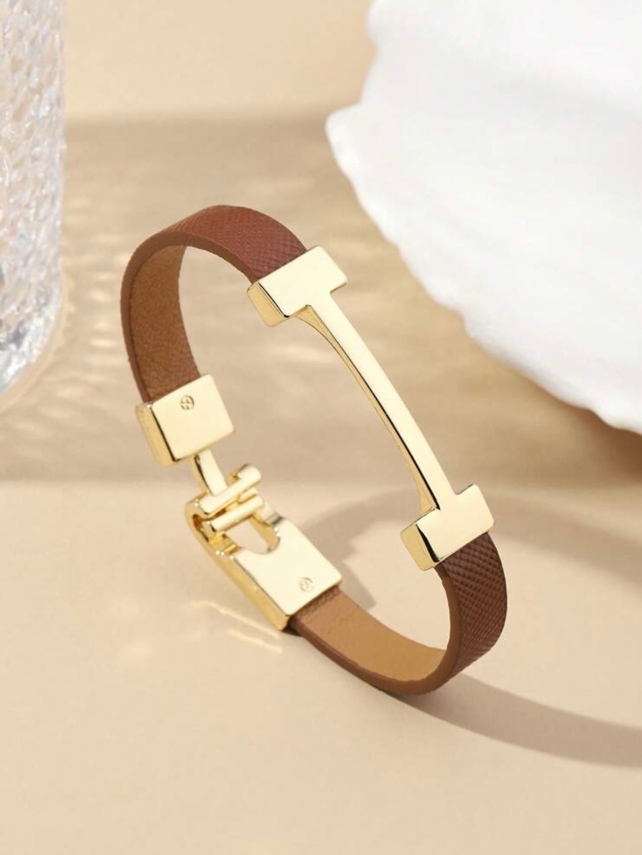 Tan & Gold Hermès-Inspired Faux Leather Bracelet – Elegant Fashion Wristband Gift for Her