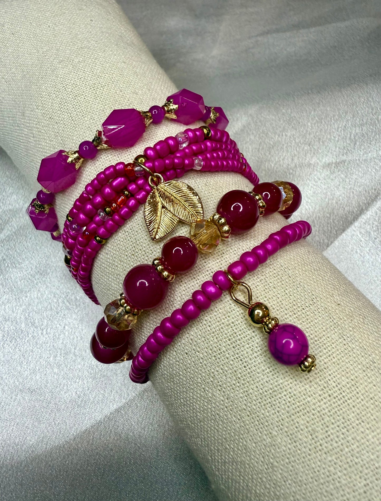 4pc Handmade Pink Seed & Glass Beaded Bracelet Stack – Vibrant Jewellery Set for Women